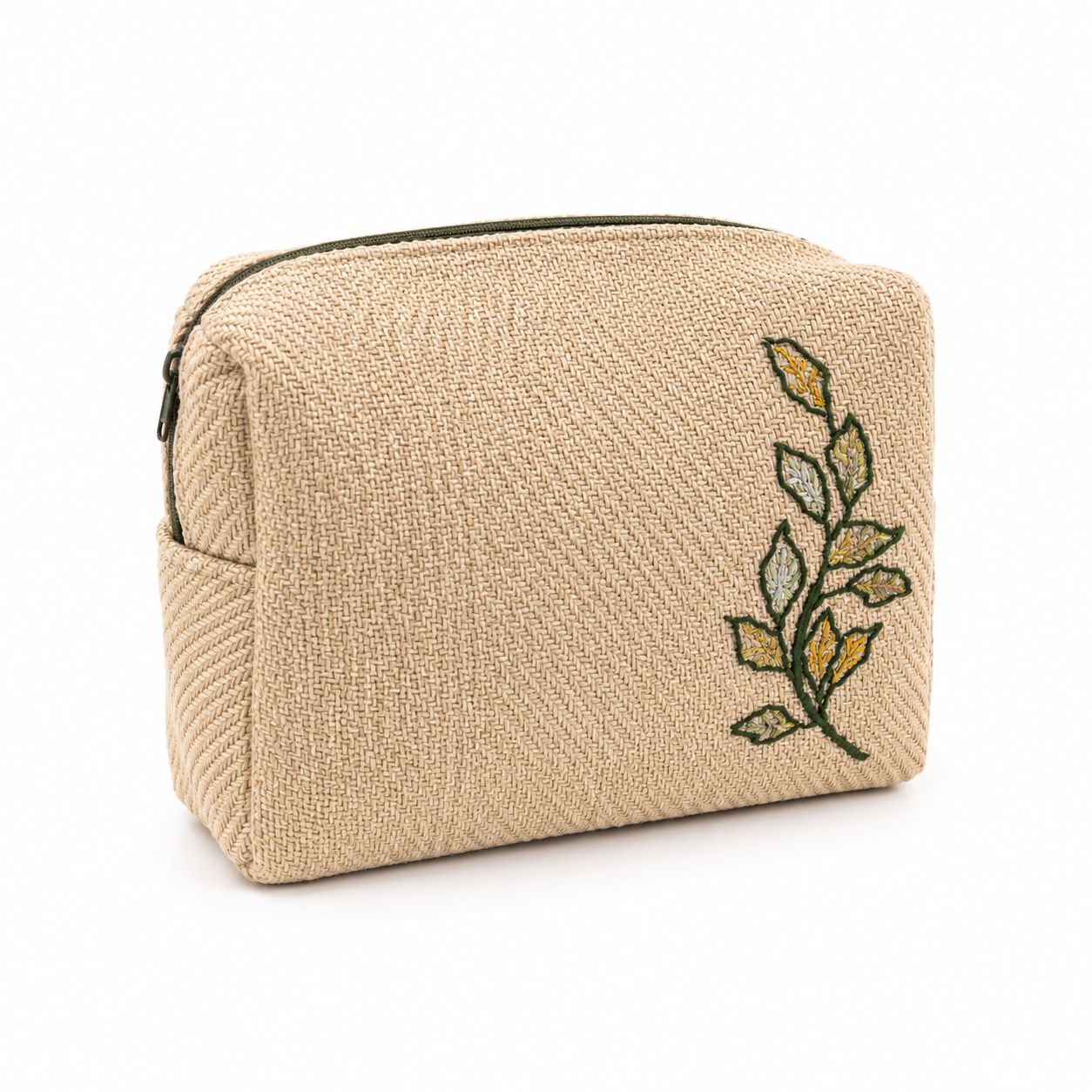 Trousse Alba Éclosion brodée de motifs végétaux, vue de trois quarts